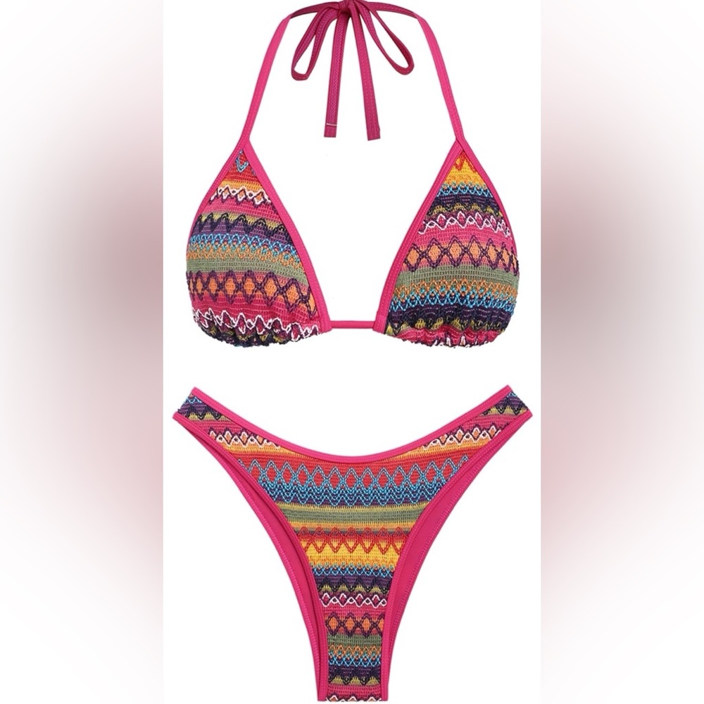 NWOT Seamoly Boho Crochet Print Halter Cheeky High Cut 2Pc Bikini Women’s L